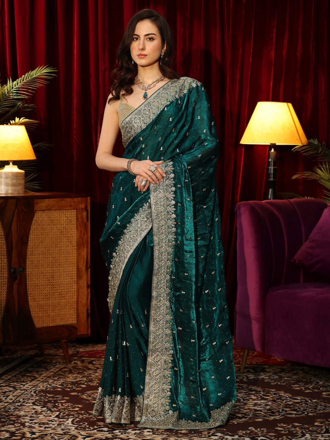  Teal Green Embellished Tissue Saree 