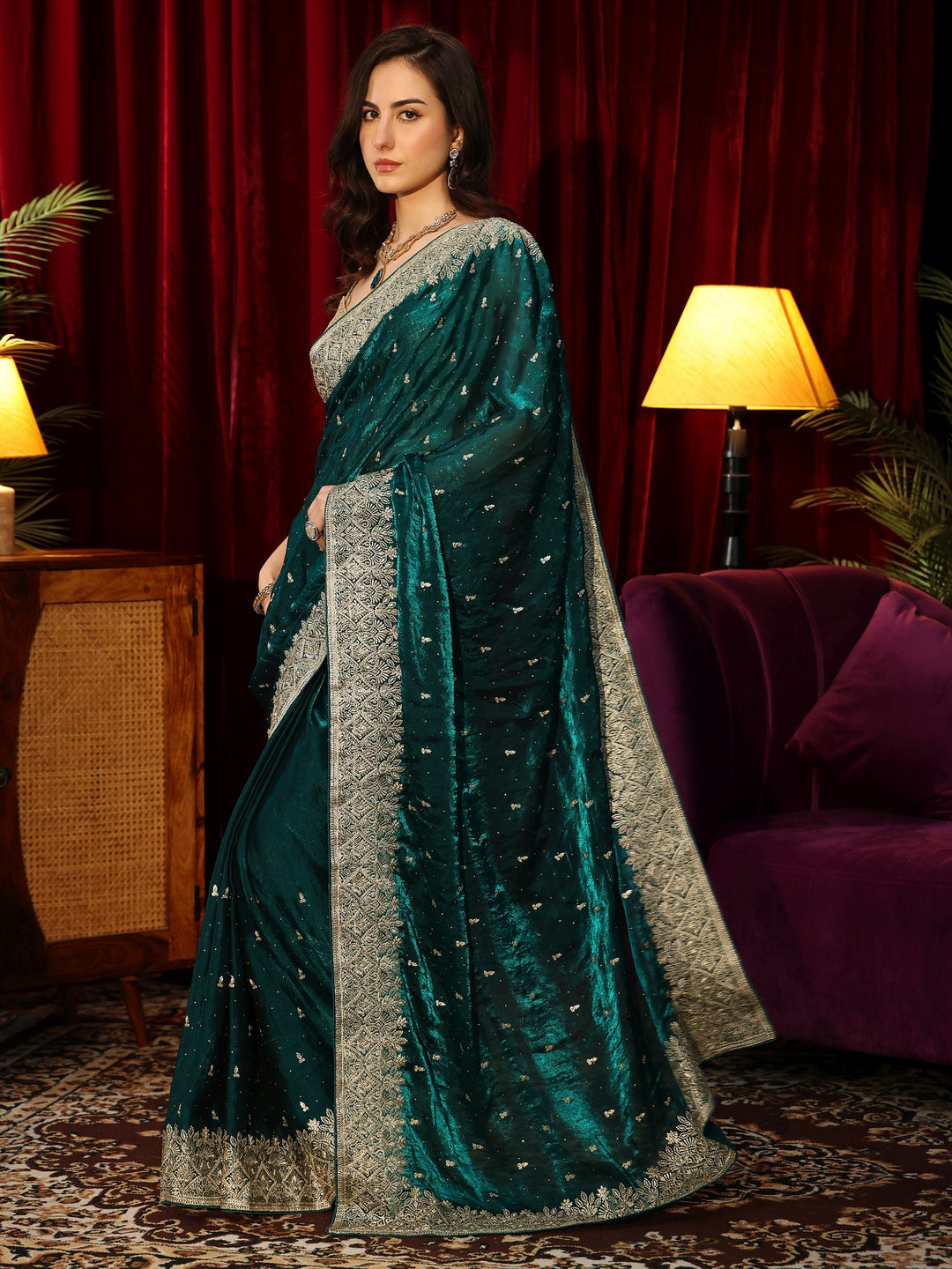  Teal Green Embellished Tissue Saree 