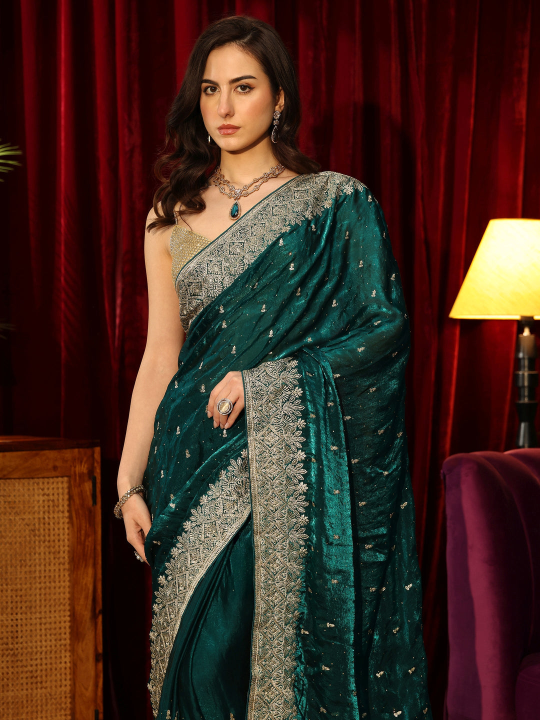  Teal Green Embellished Tissue Saree 