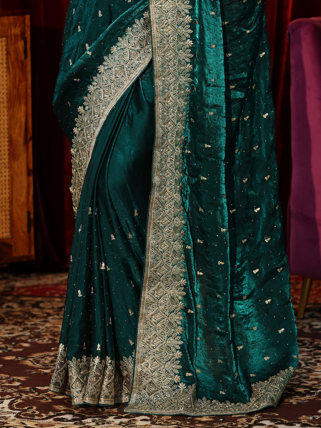 Teal Green Embellished Tissue Saree 