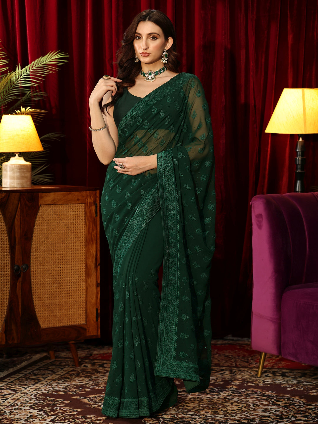  Floral Embroidered Forest Green Georgette Saree 