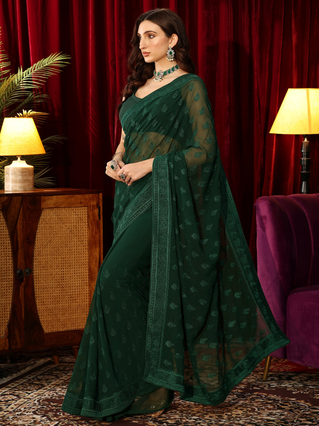  Floral Embroidered Forest Green Georgette Saree 