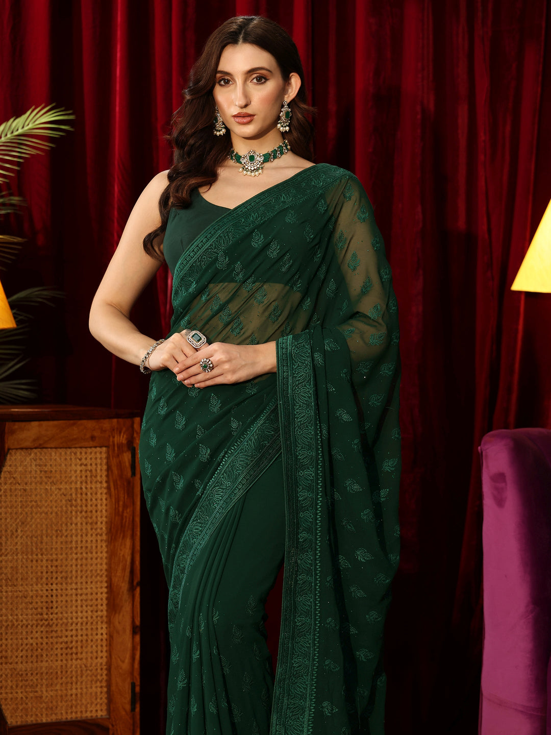 Floral Embroidered Forest Green Georgette Saree 
