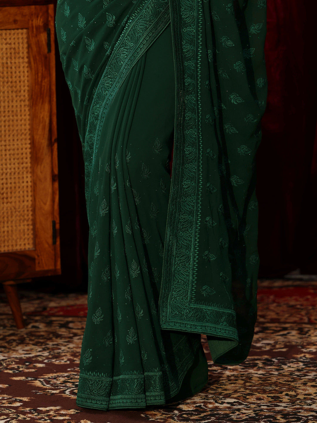  Floral Embroidered Forest Green Georgette Saree 