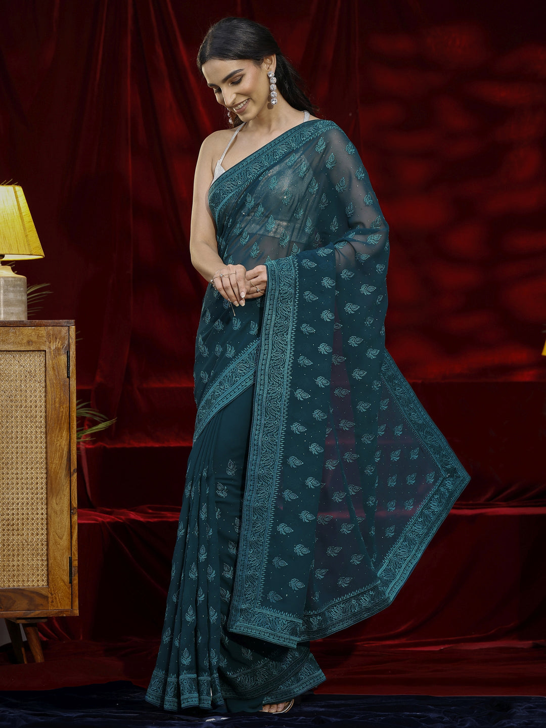 Libas Blue Floral Embroidered Georgette Saree 