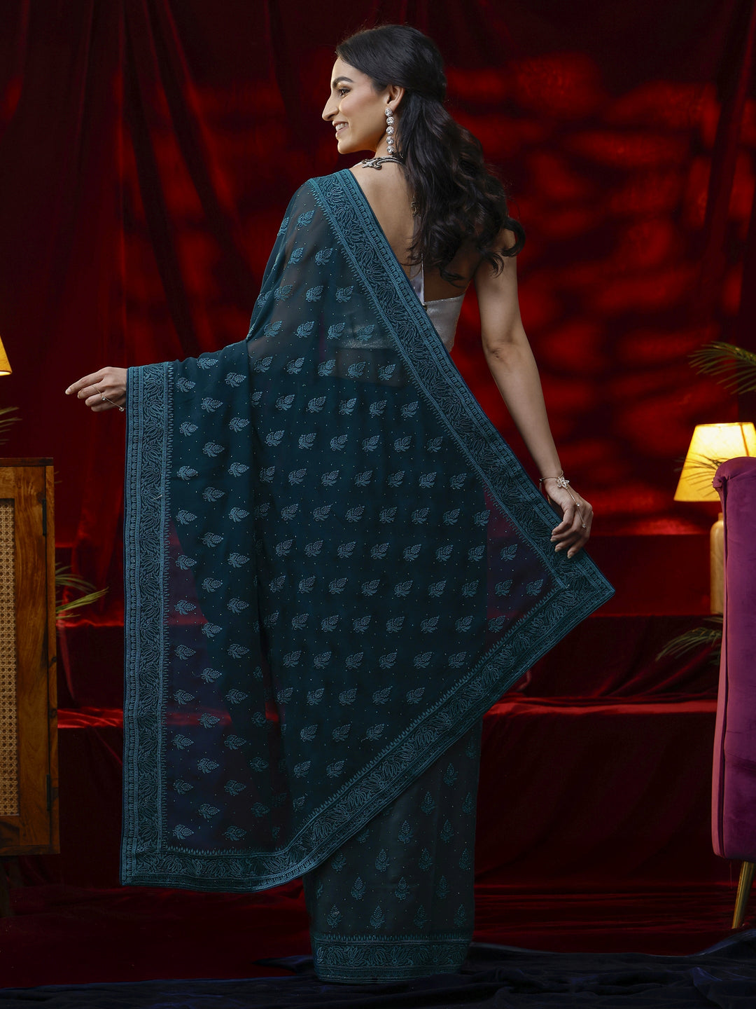  Libas Blue Floral Embroidered Georgette Saree 