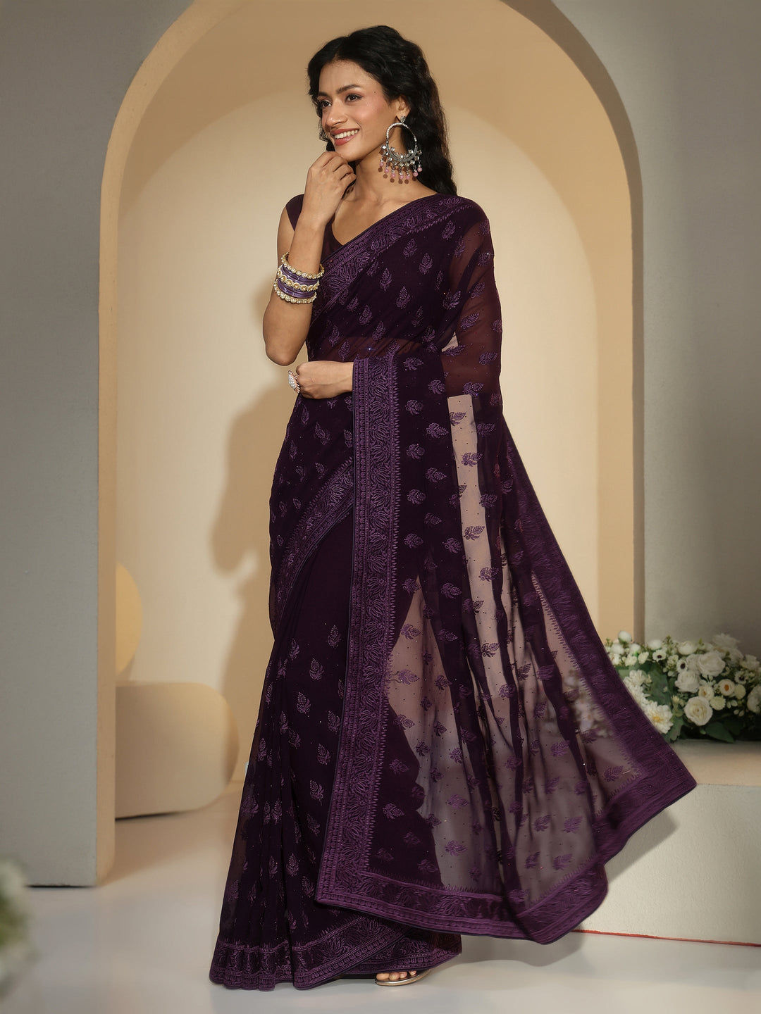  Libas Aubergine Purple Floral Embroidered Georgette Saree 