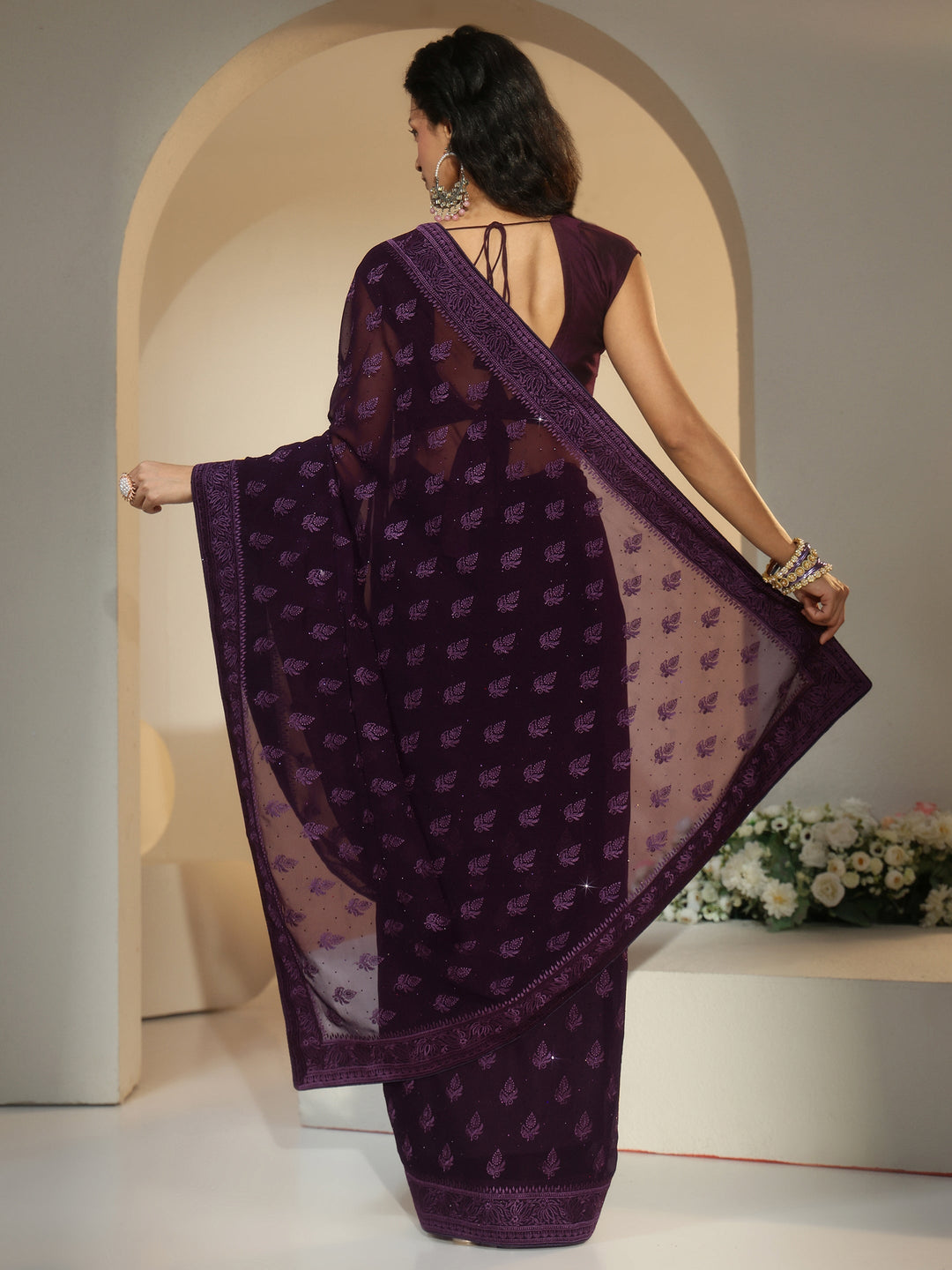  Libas Aubergine Purple Floral Embroidered Georgette Saree 