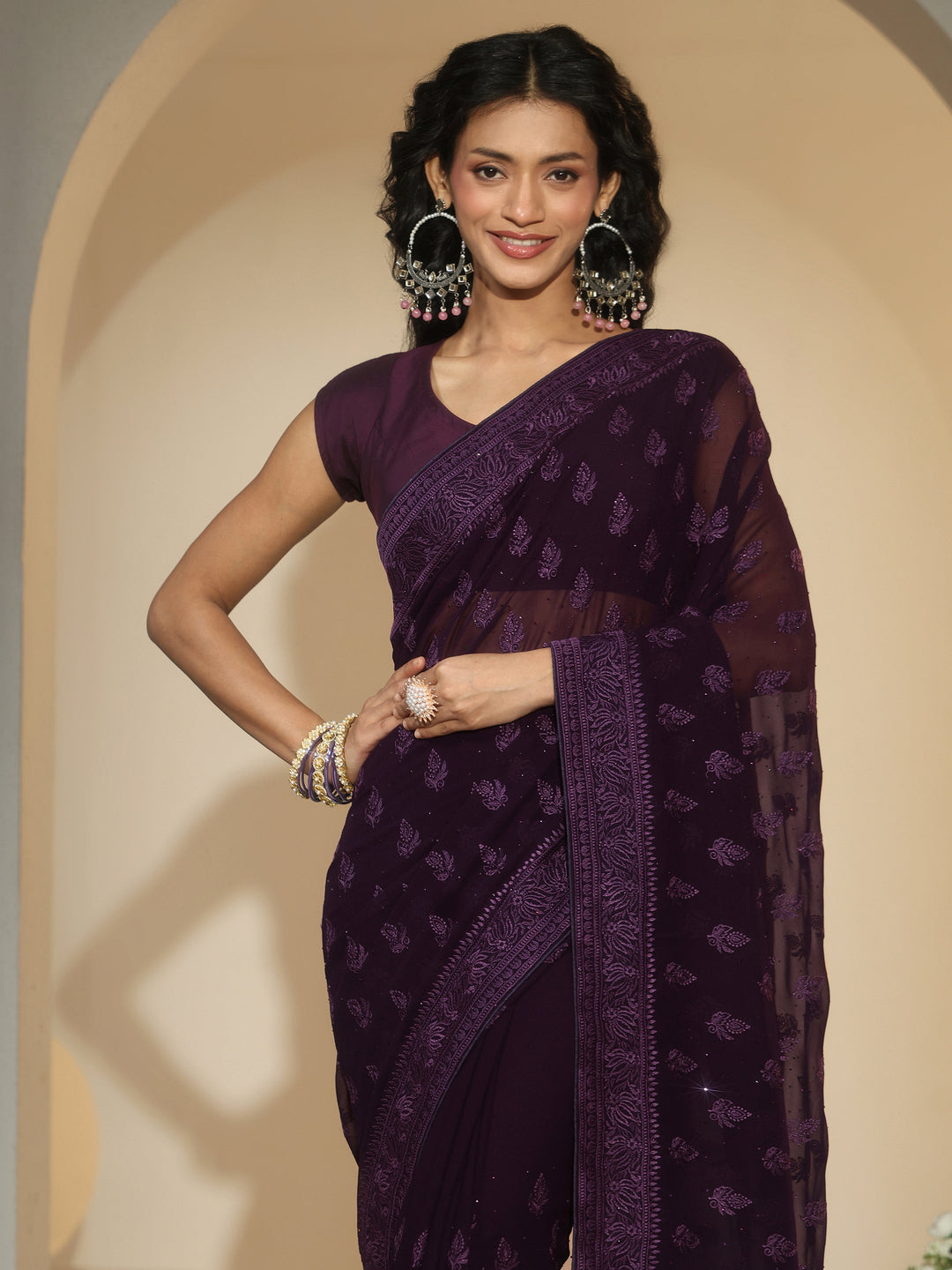  Libas Aubergine Purple Floral Embroidered Georgette Saree 