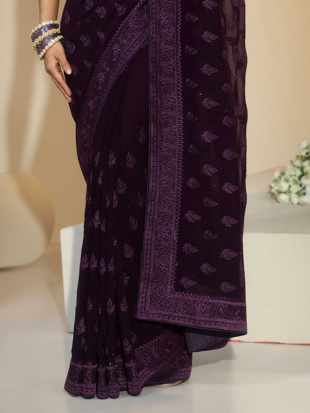  Libas Aubergine Purple Floral Embroidered Georgette Saree 