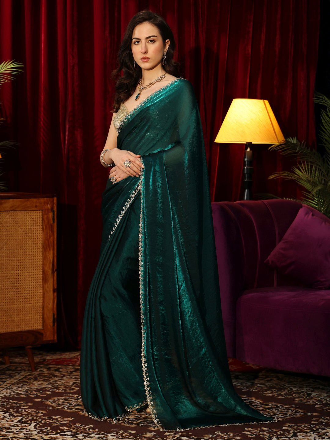 Teal Green Tissue Saree with Beaded Border 