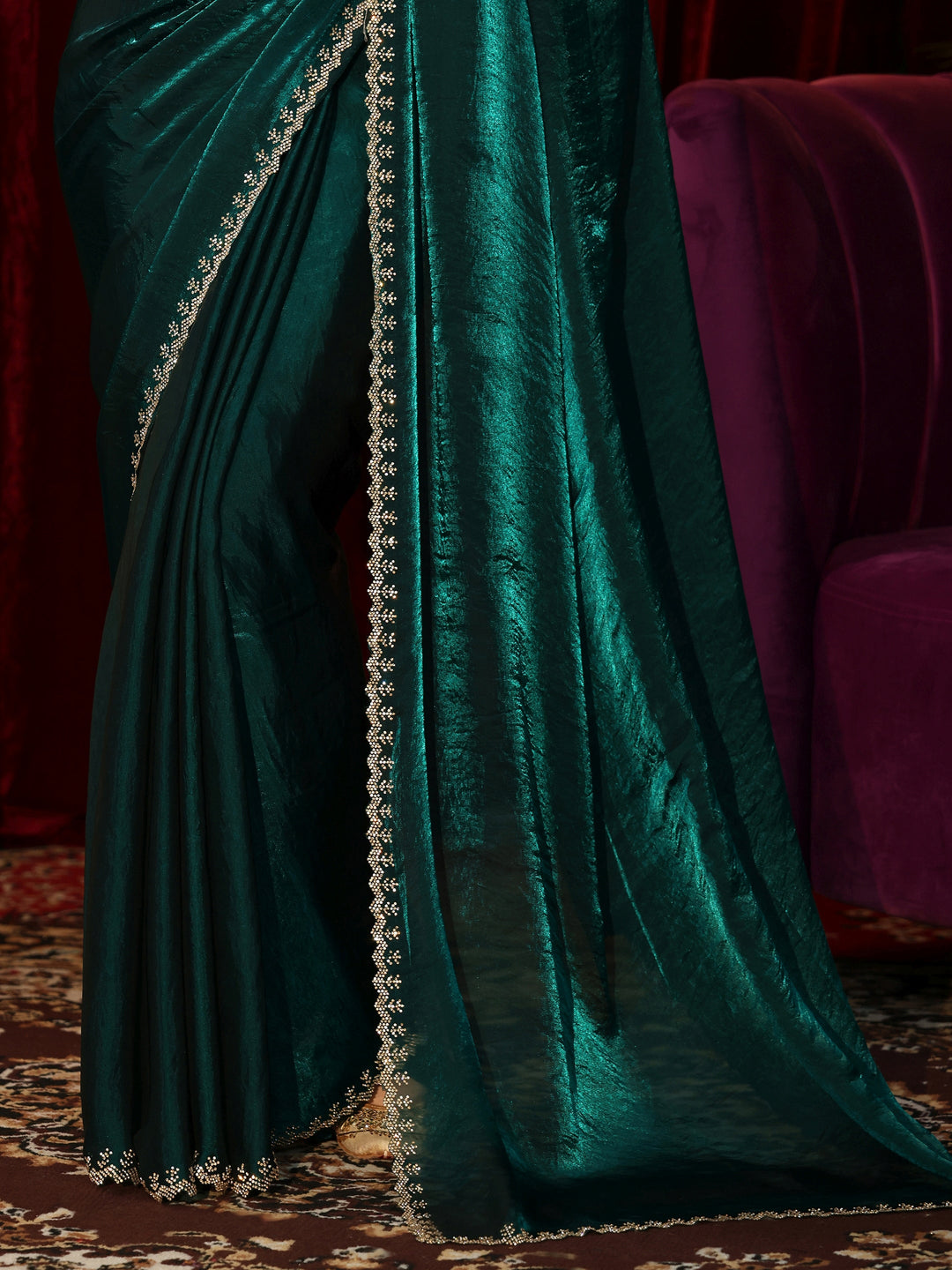  Teal Green Tissue Saree with Beaded Border 