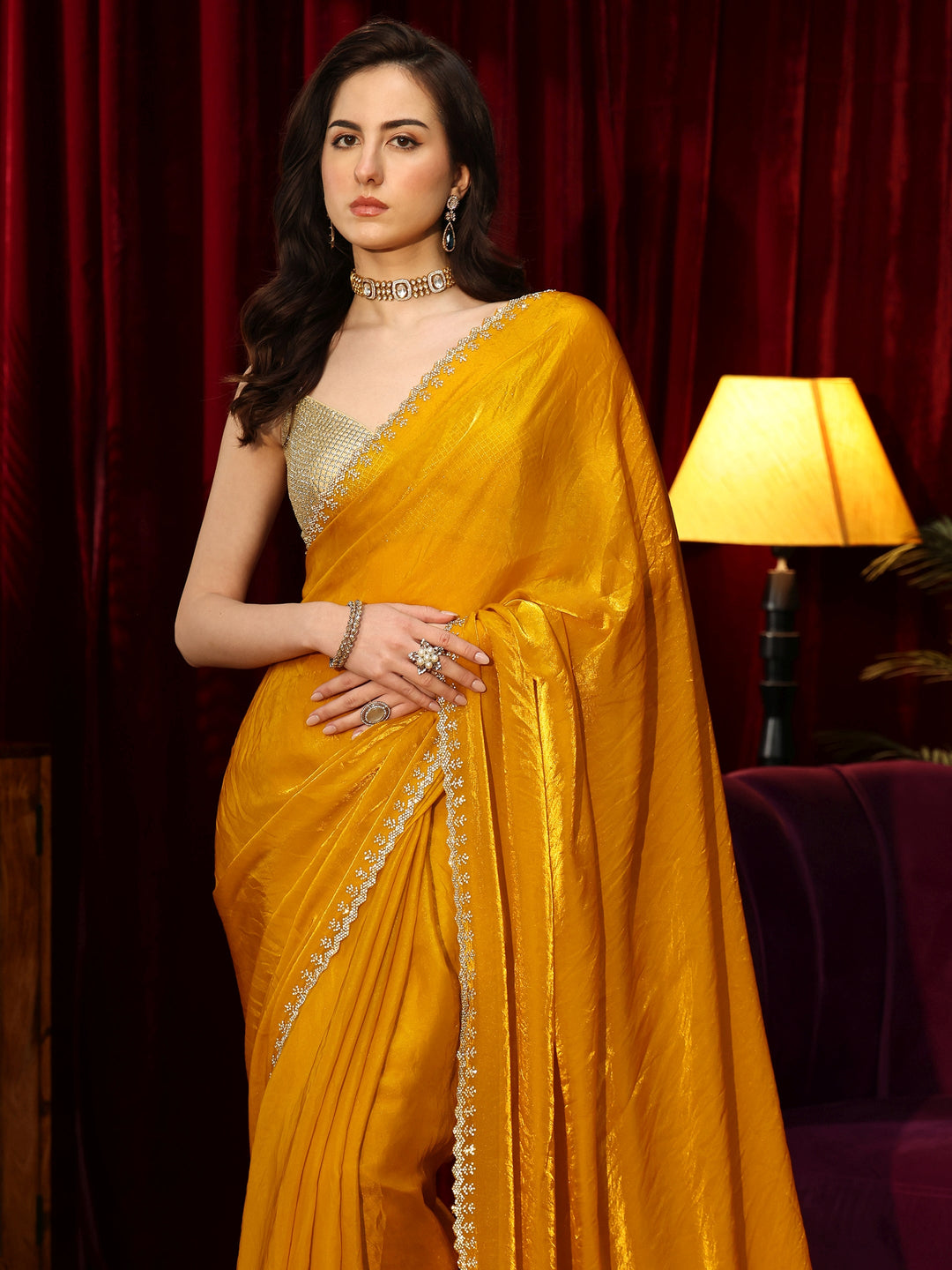  Mustard Tissue Saree with Beaded Border 