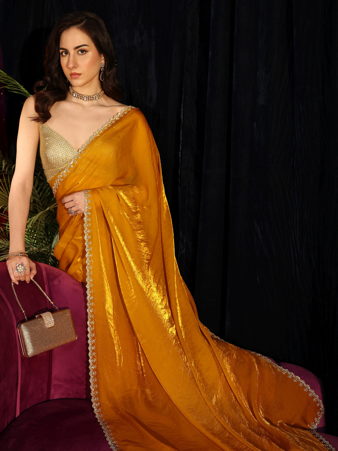  Mustard Tissue Saree with Beaded Border 