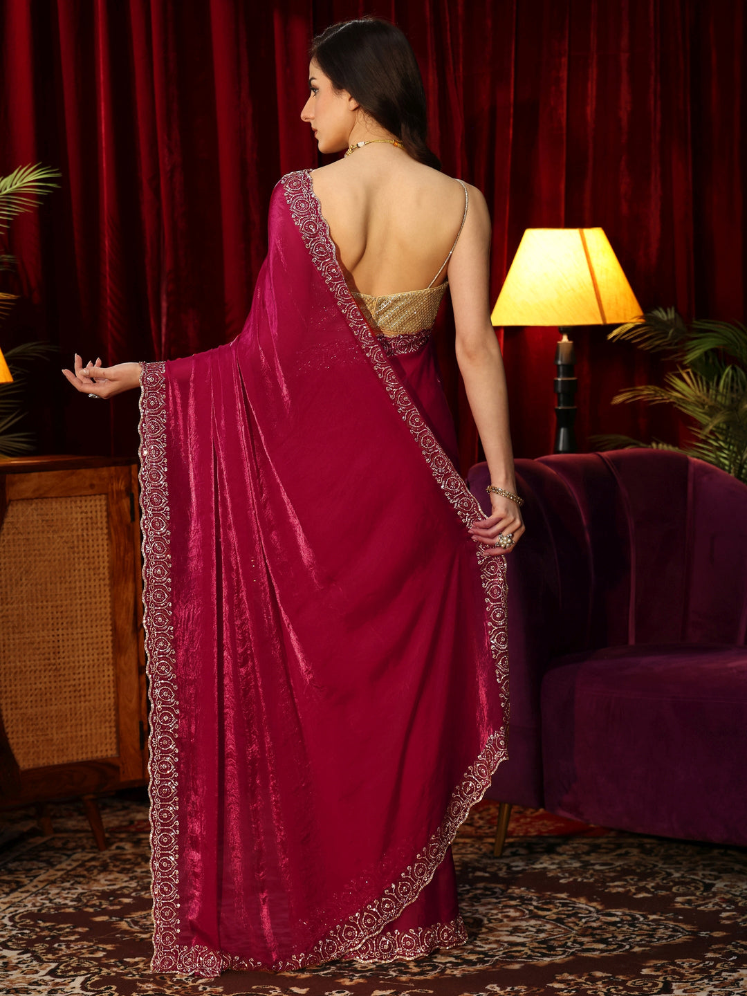  Rose Pink Tissue Saree with Embellished Border 