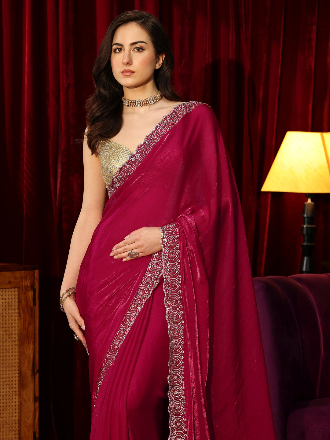  Rose Pink Tissue Saree with Embellished Border 