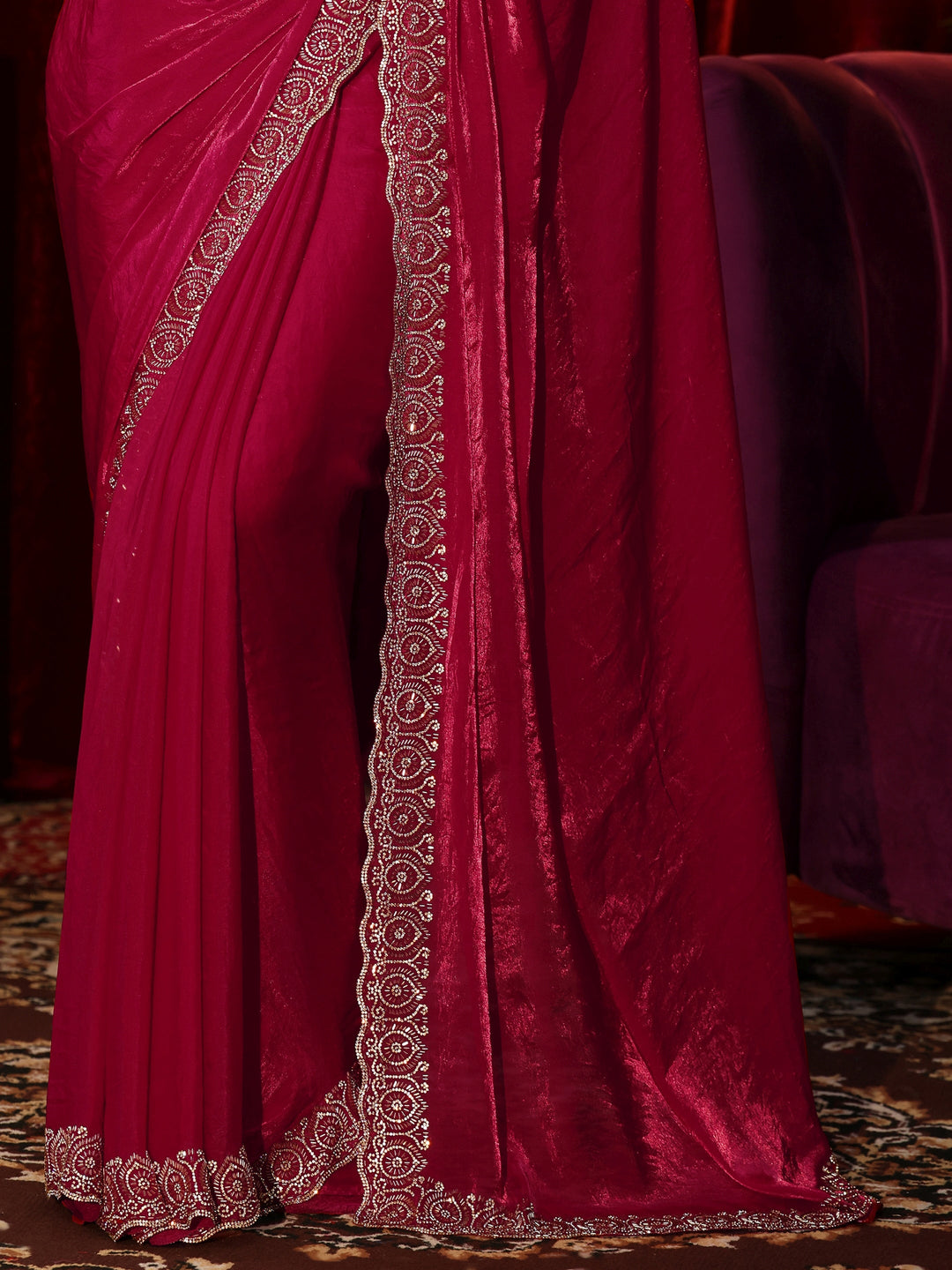  Rose Pink Tissue Saree with Embellished Border 