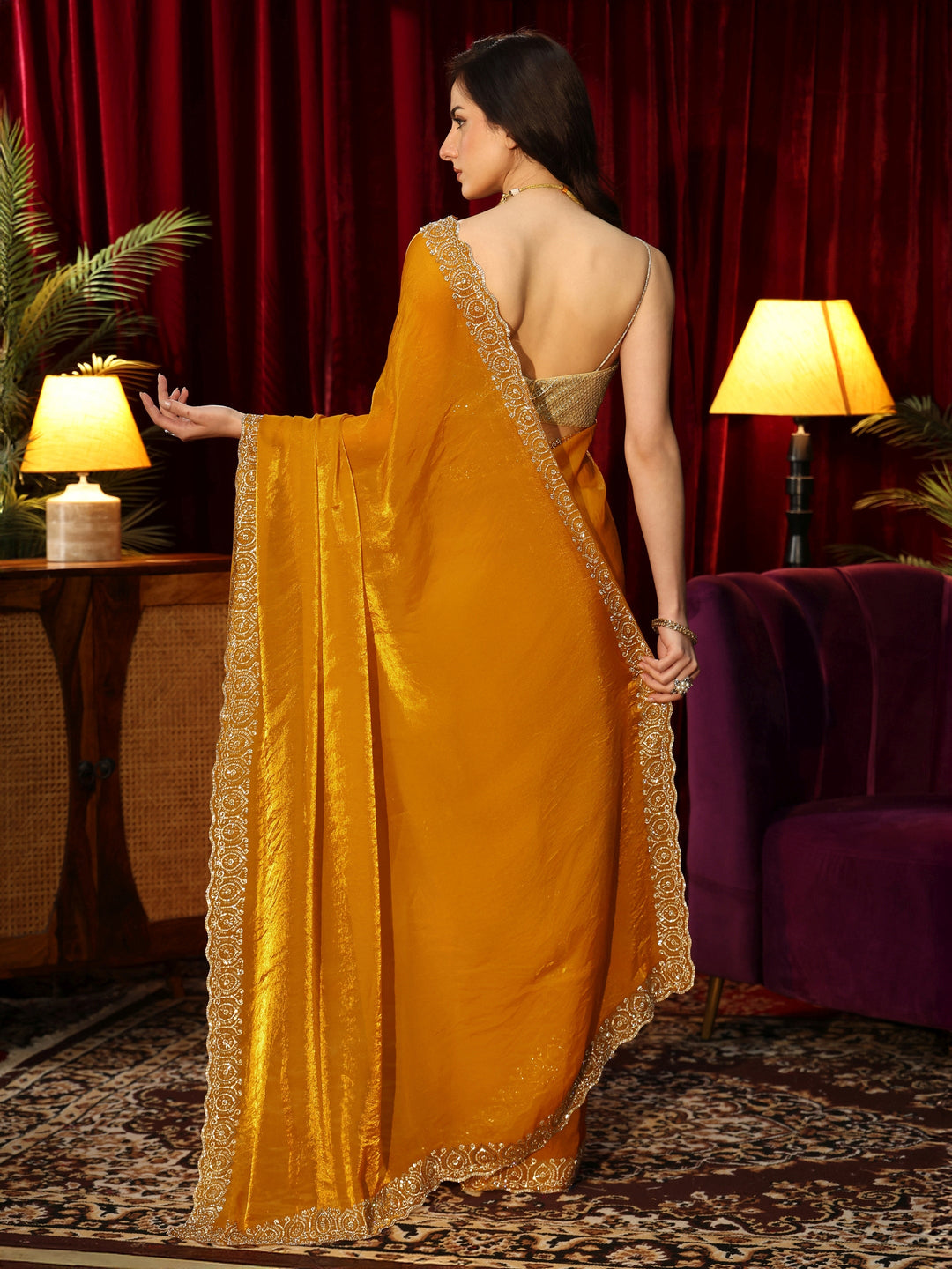  Sunglow Yellow Tissue Saree with Embellished Border 
