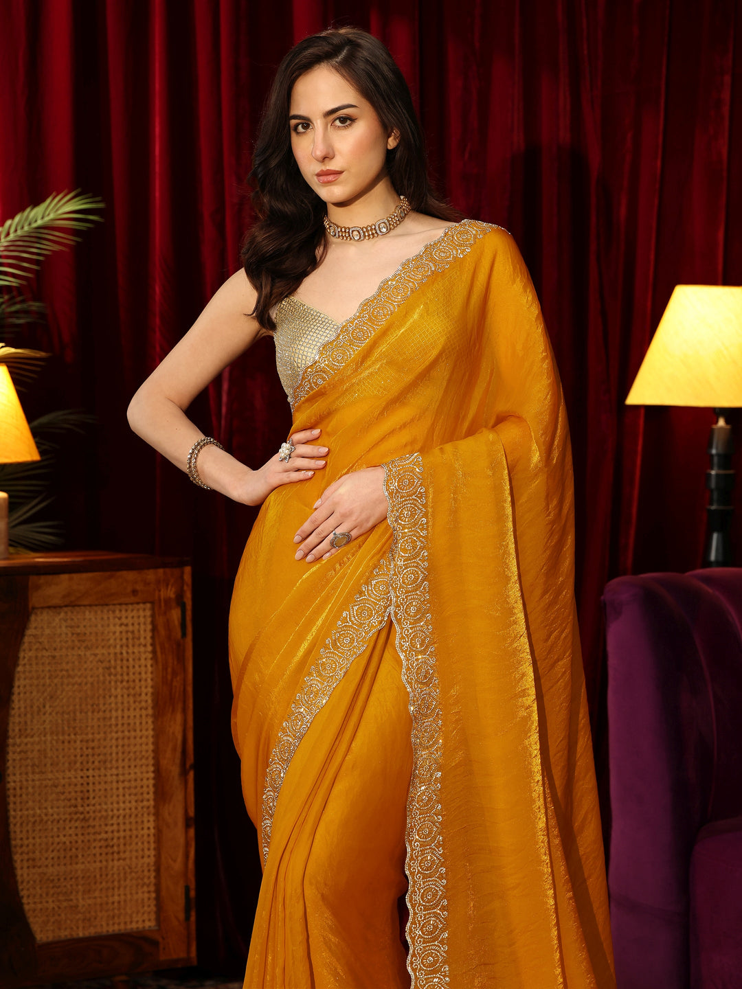  Sunglow Yellow Tissue Saree with Embellished Border 