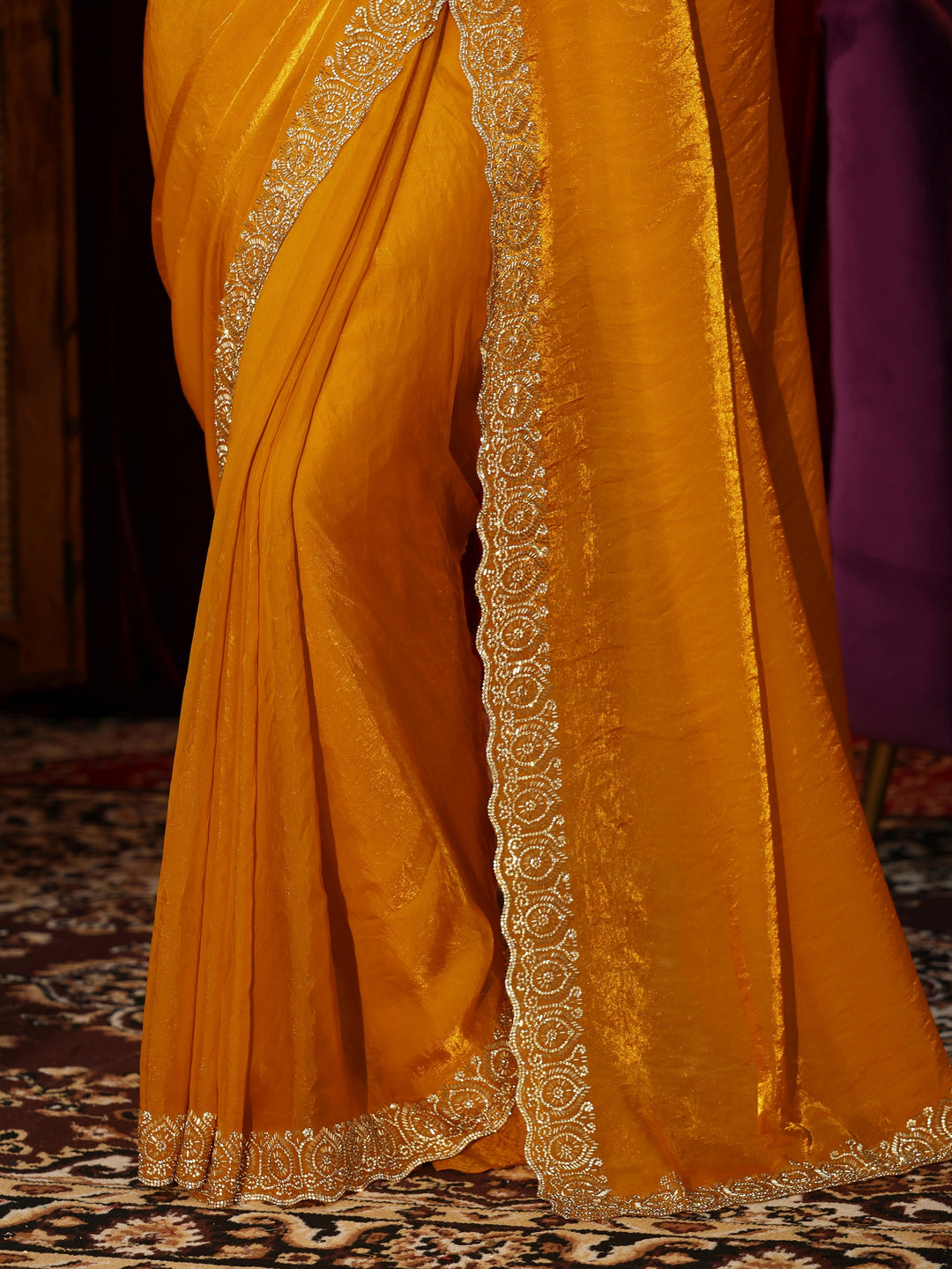  Sunglow Yellow Tissue Saree with Embellished Border 