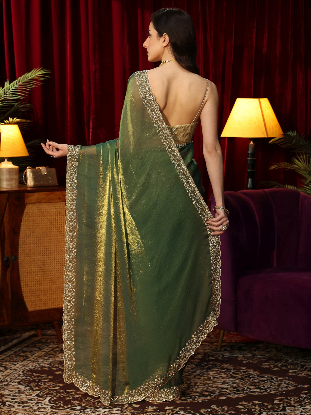  Green Tissue Saree with Embellished Border 