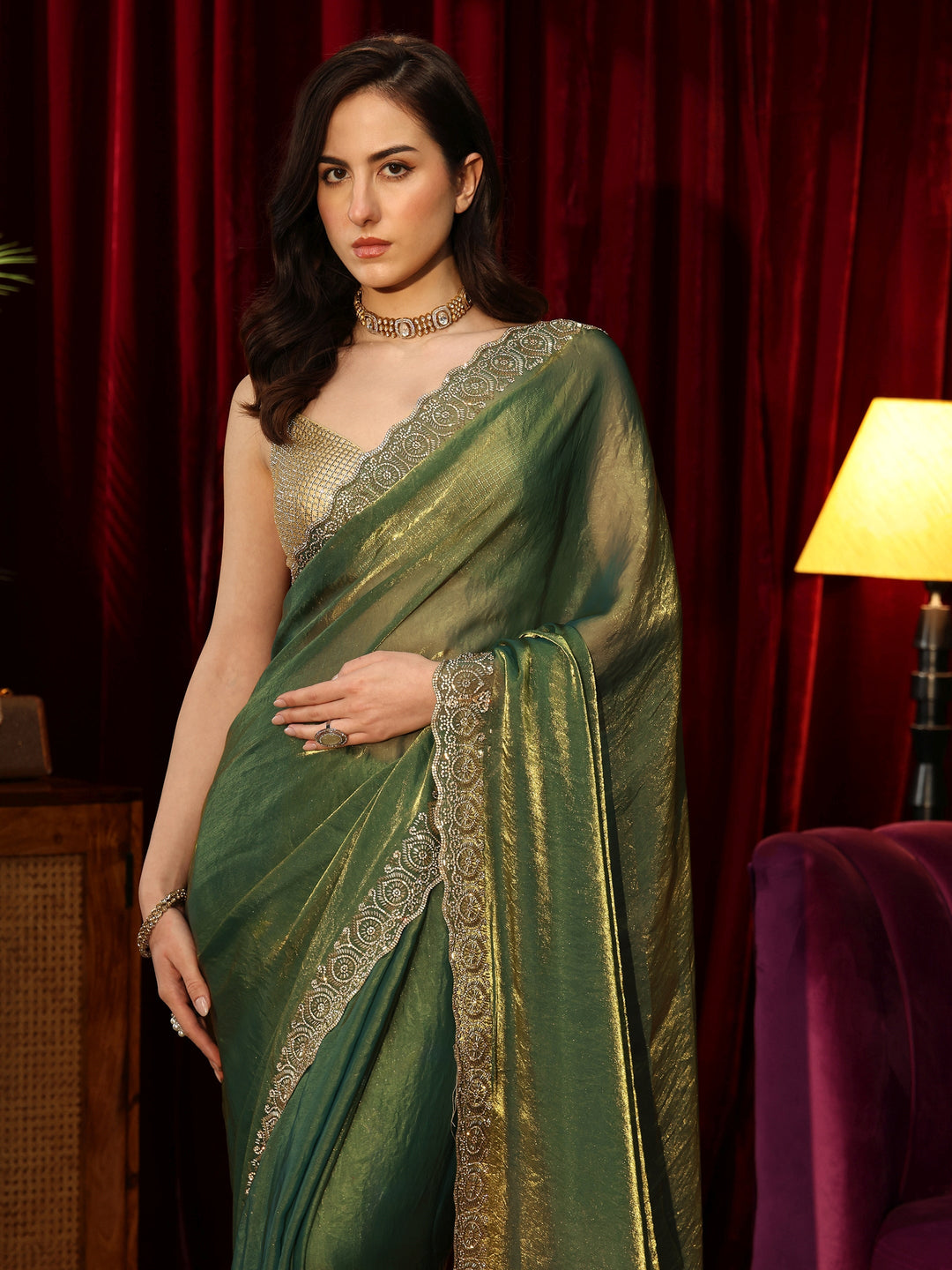  Green Tissue Saree with Embellished Border 