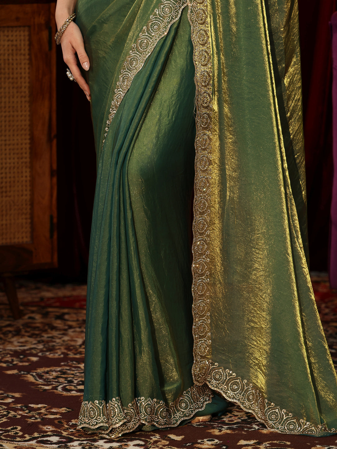  Green Tissue Saree with Embellished Border 