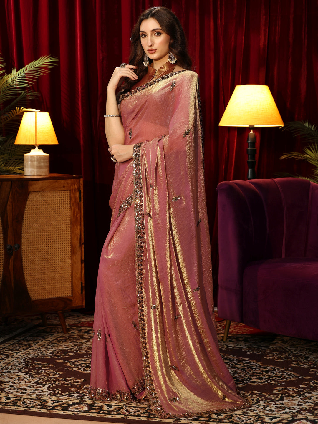  Antique Pink Embellished Tissue Saree 
