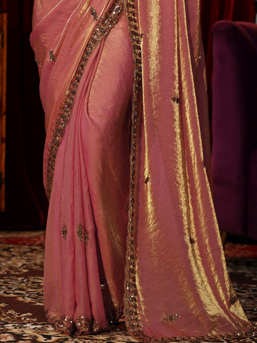  Antique Pink Embellished Tissue Saree 