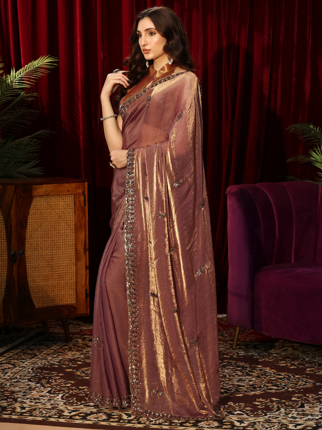  Brown Embellished Tissue Saree 