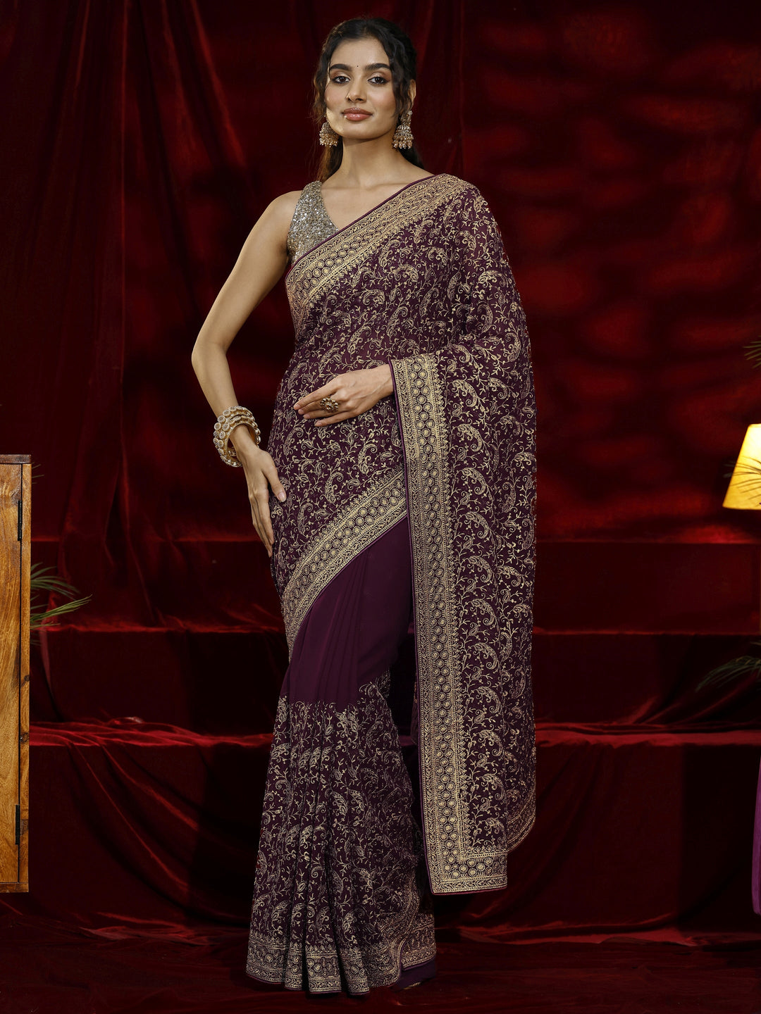  Libas Burgundy Embroidered Georgette Saree 