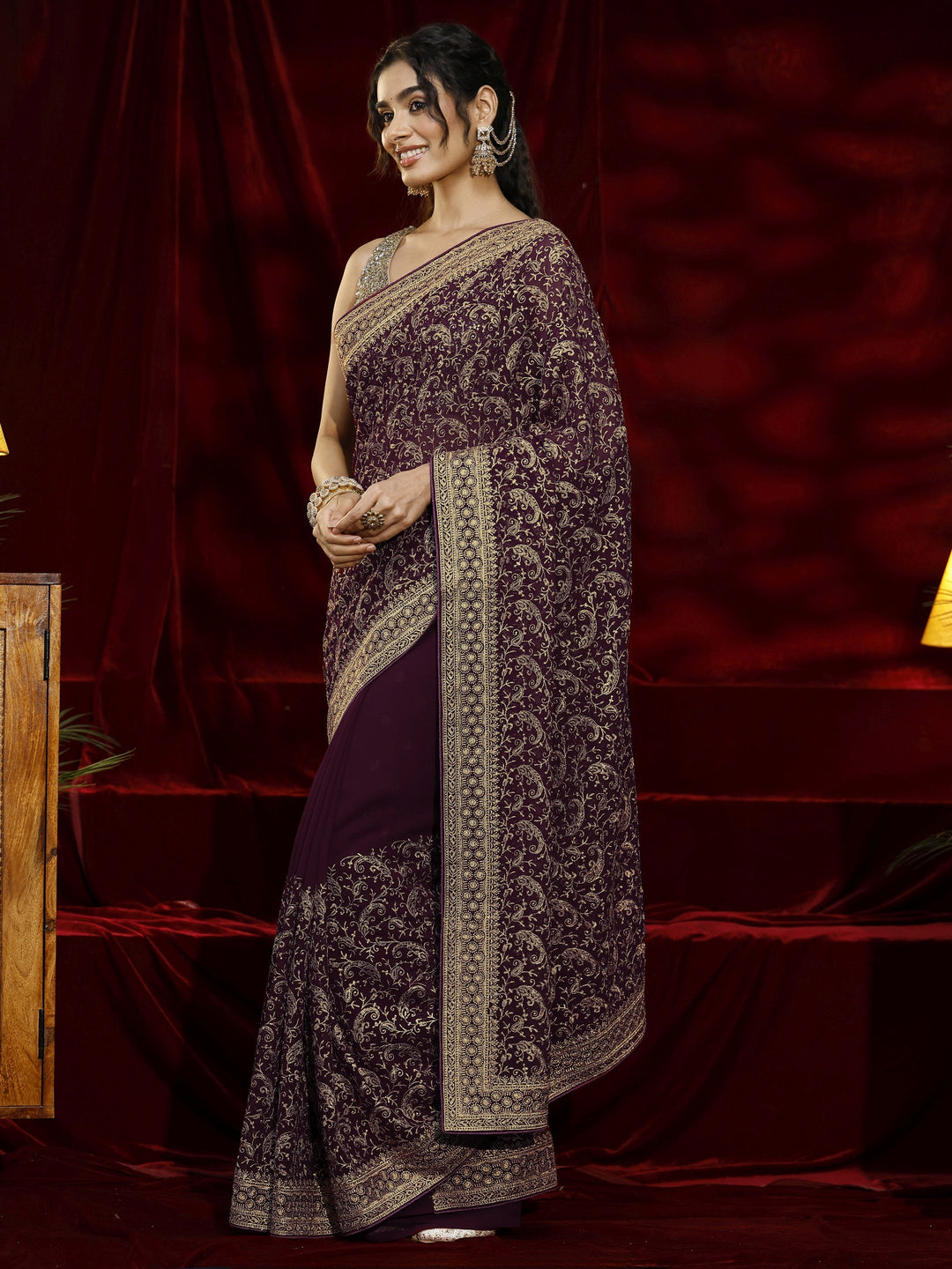  Libas Burgundy Embroidered Georgette Saree 