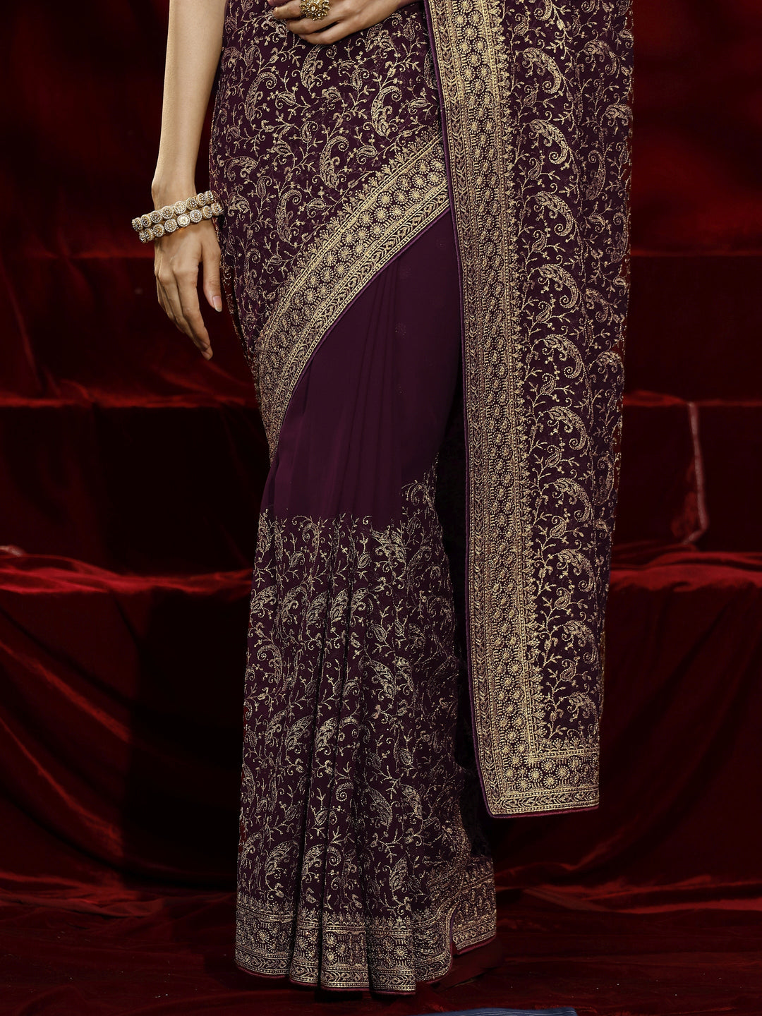  Libas Burgundy Embroidered Georgette Saree 