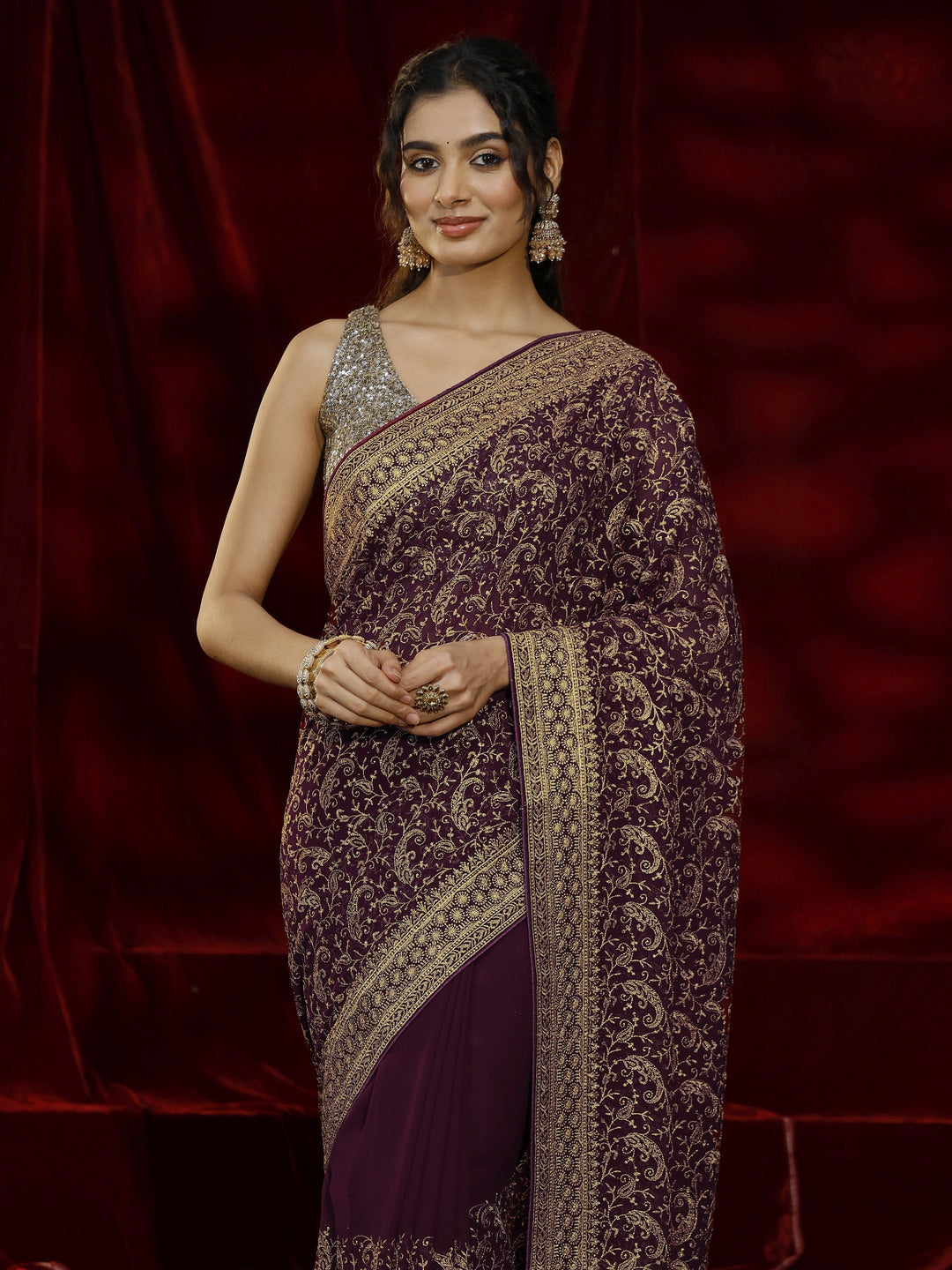  Libas Burgundy Embroidered Georgette Saree 