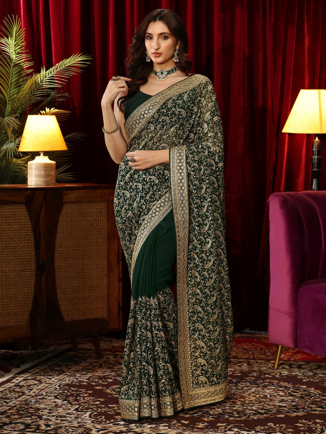  Golden Embroidered Forest Green Georgette Saree 