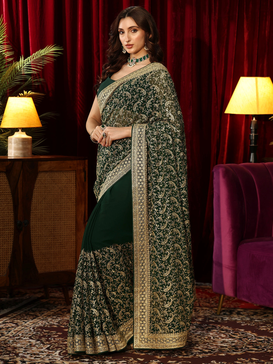  Golden Embroidered Forest Green Georgette Saree 