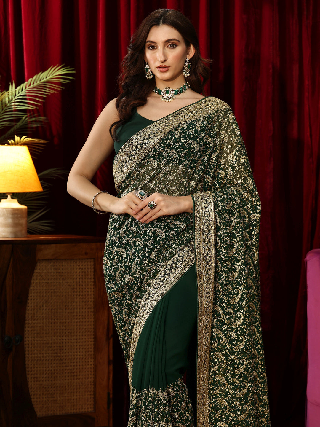  Golden Embroidered Forest Green Georgette Saree 