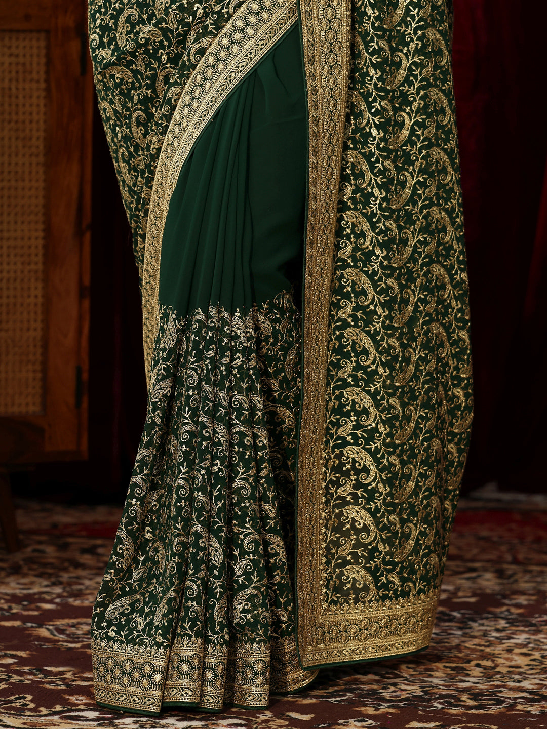  Golden Embroidered Forest Green Georgette Saree 