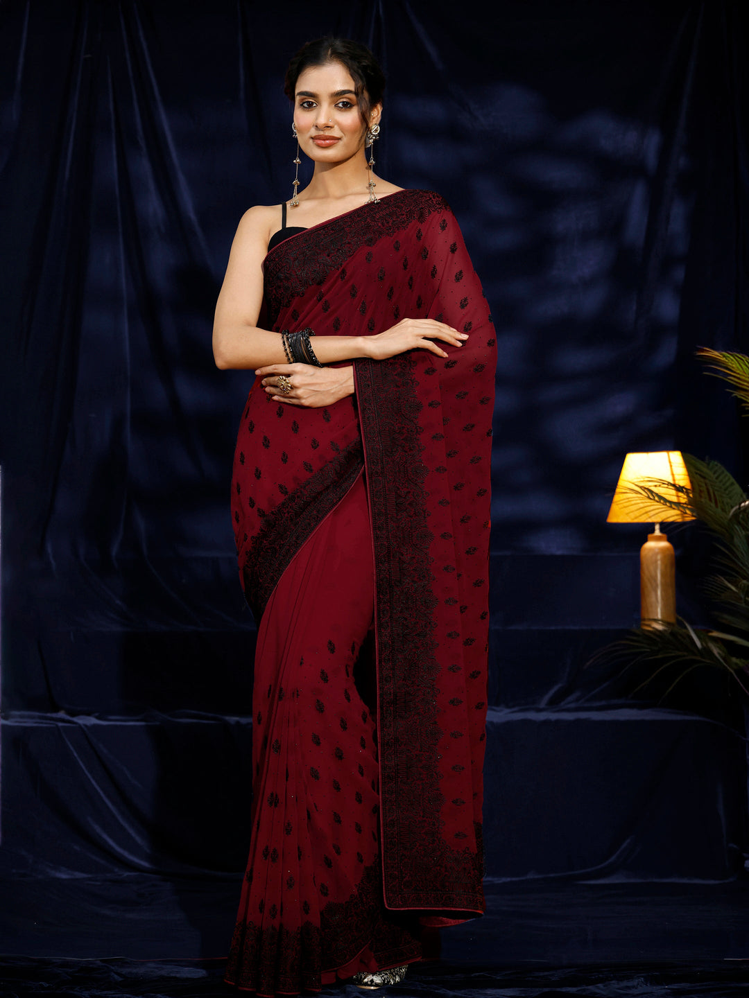  Libas Red Floral Embroidered Georgette Saree 