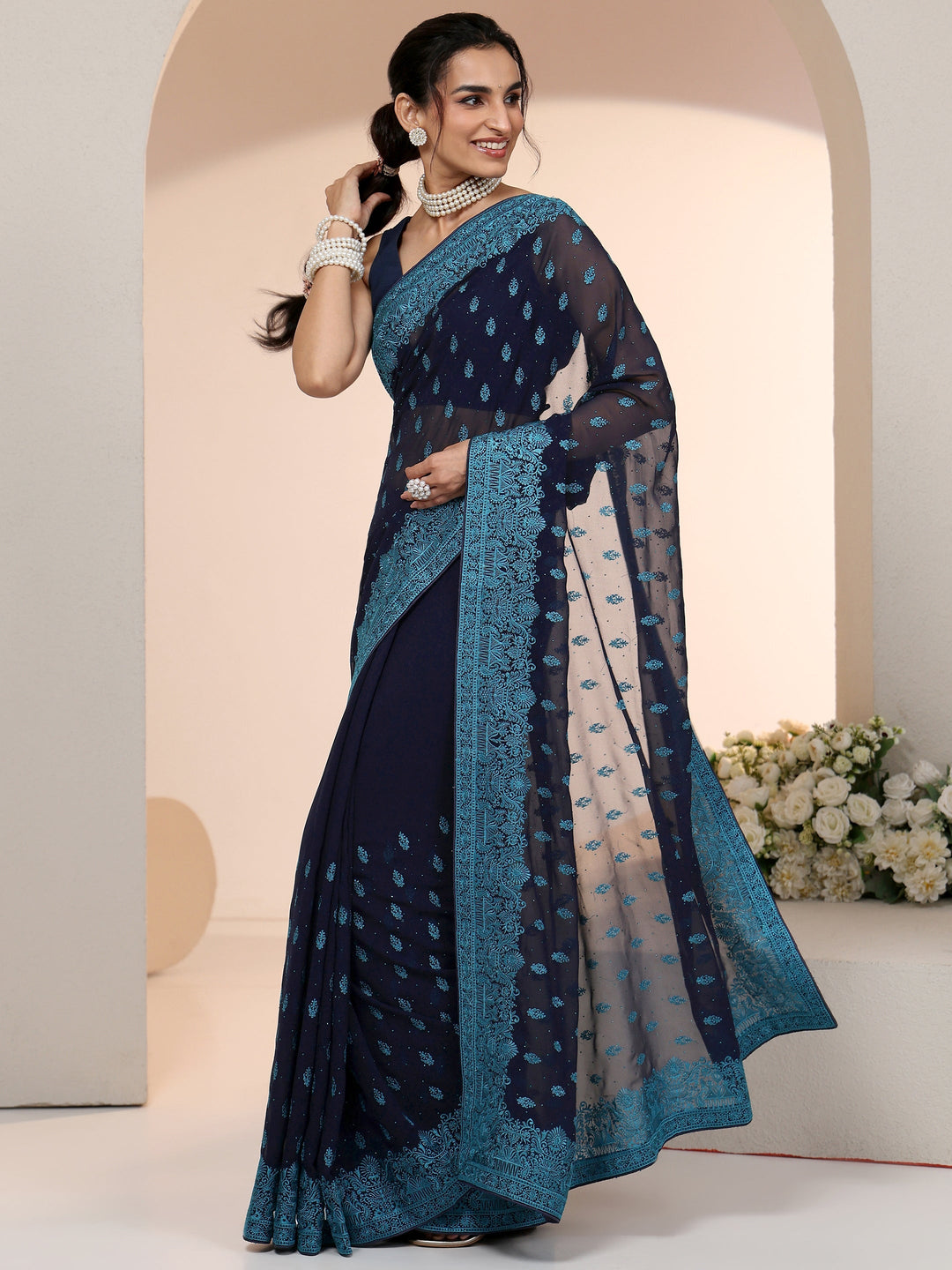  Libas Navy Embroidered Georgette Saree with Ethnic Motifs 