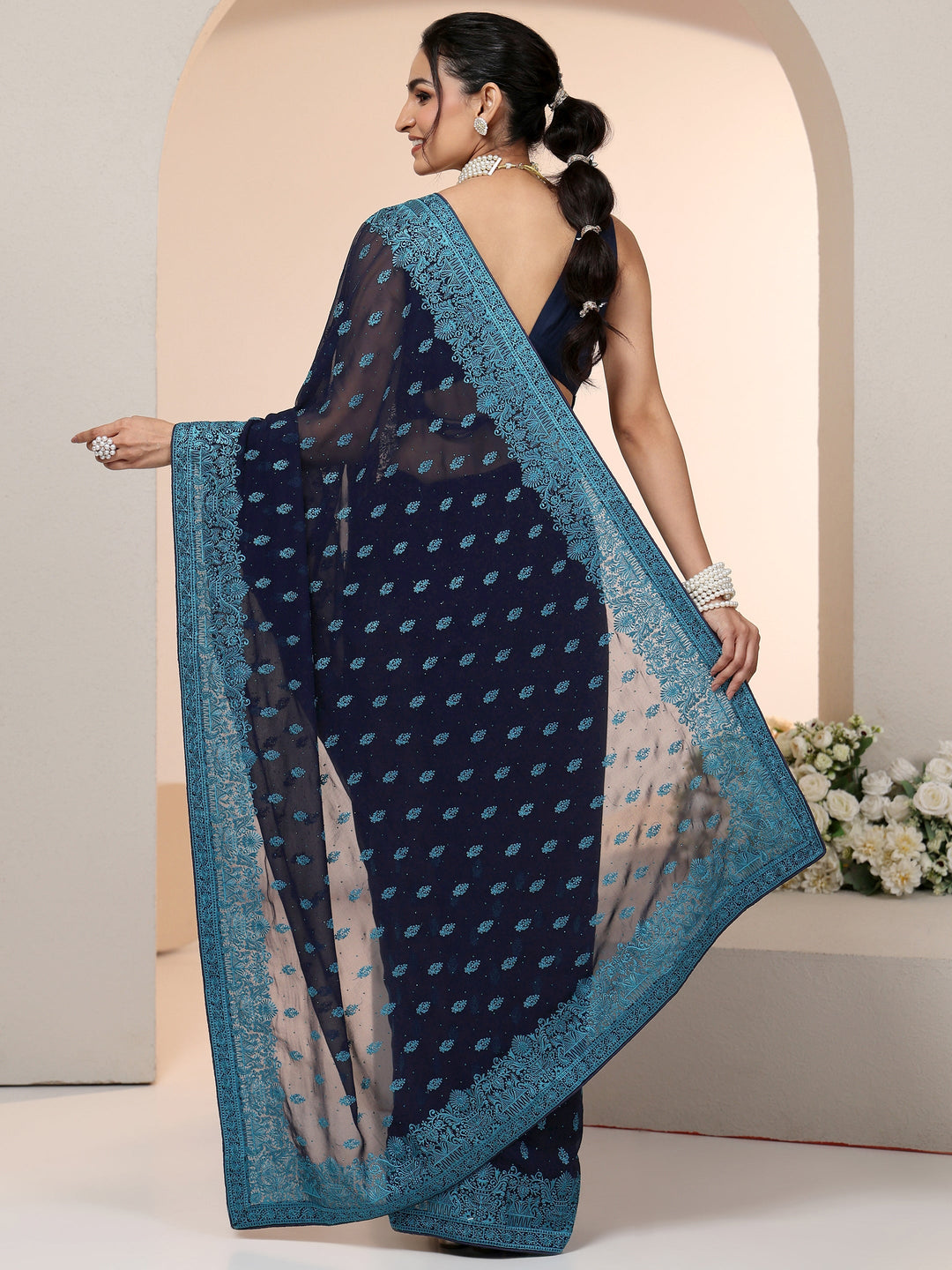  Libas Navy Embroidered Georgette Saree with Ethnic Motifs 