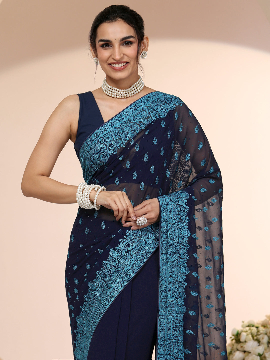 Libas Navy Embroidered Georgette Saree with Ethnic Motifs 