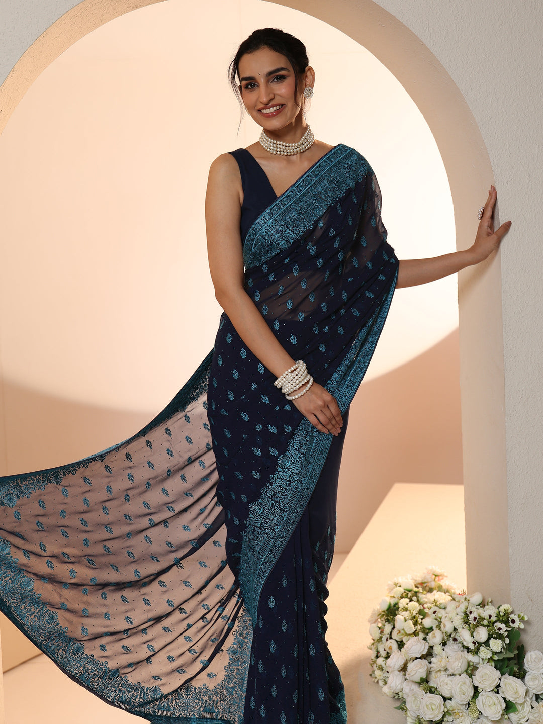 Libas Navy Embroidered Georgette Saree with Ethnic Motifs 