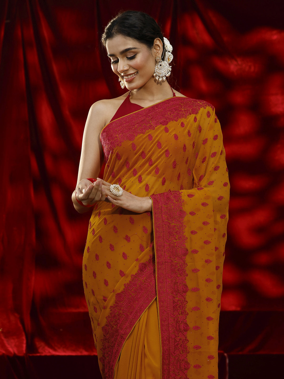 Libas Mustard Floral Embroidered Georgette Saree 