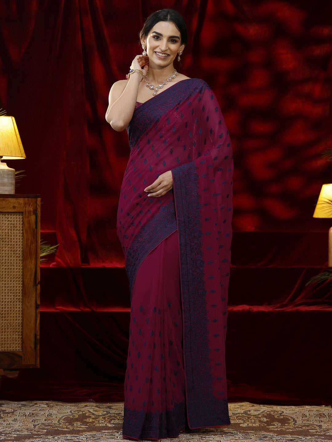  Libas Pink Floral Embroidered Georgette Saree 