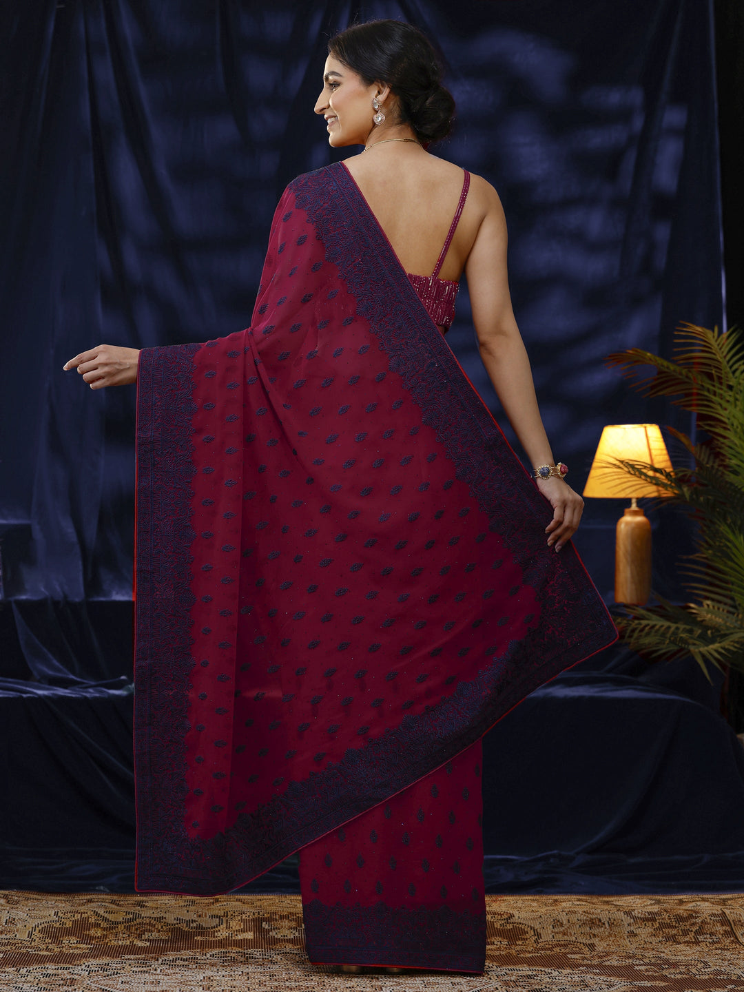  Libas Pink Floral Embroidered Georgette Saree 