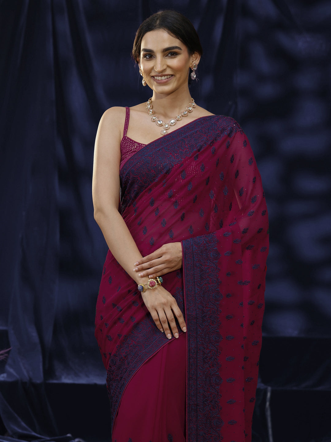  Libas Pink Floral Embroidered Georgette Saree 