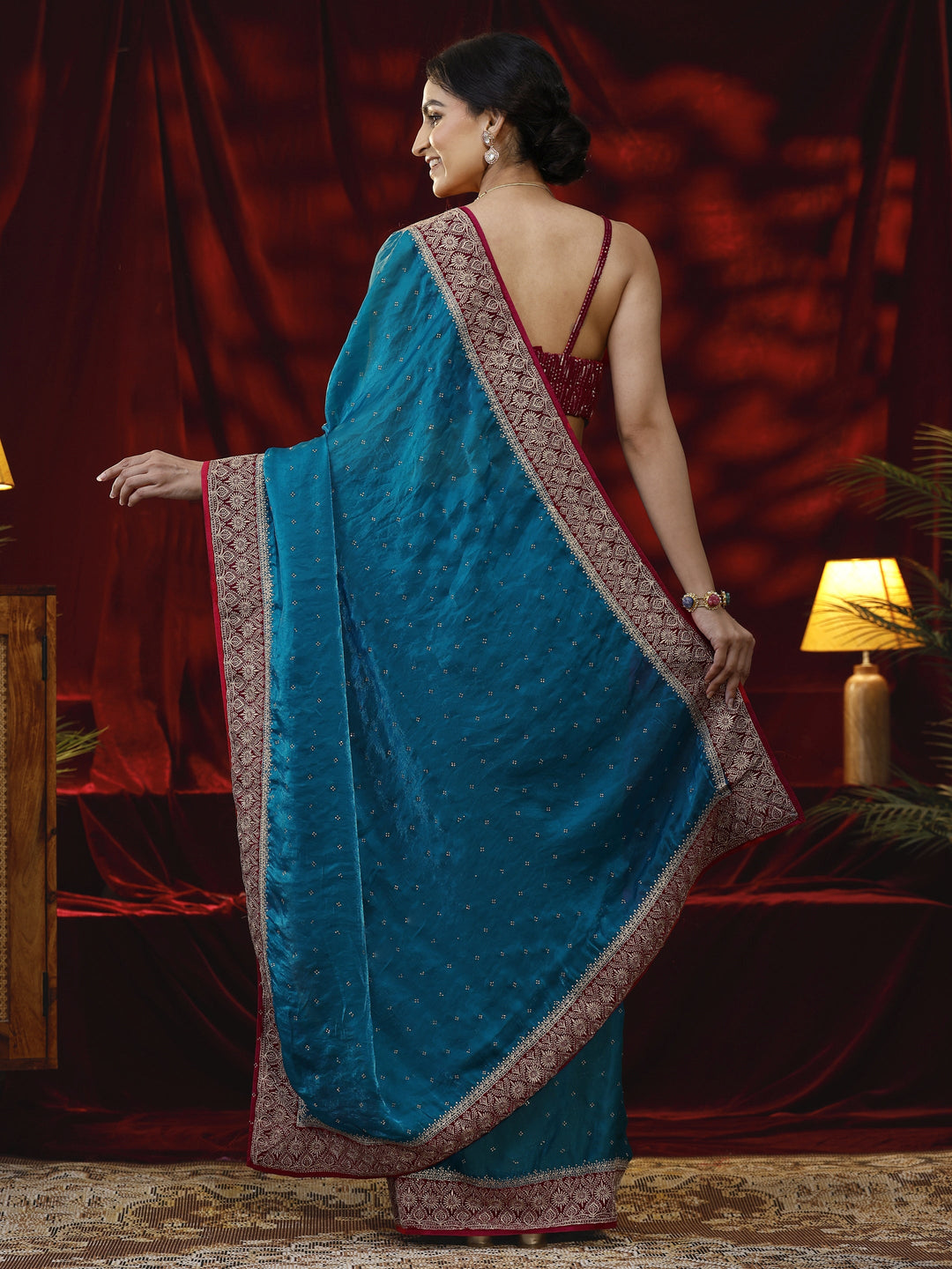  Libas Blue Embellished Tissue Saree 