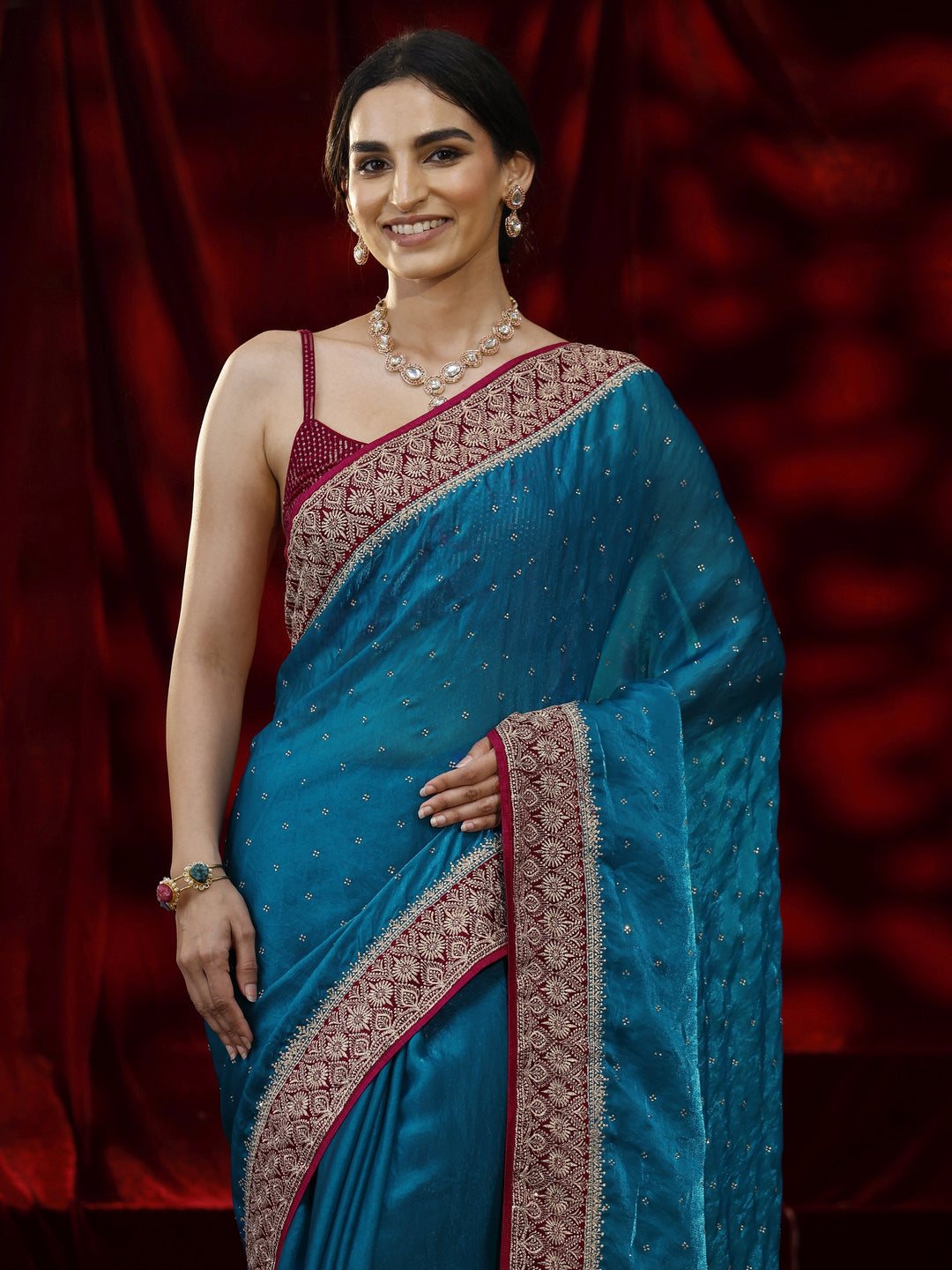  Libas Blue Embellished Tissue Saree 