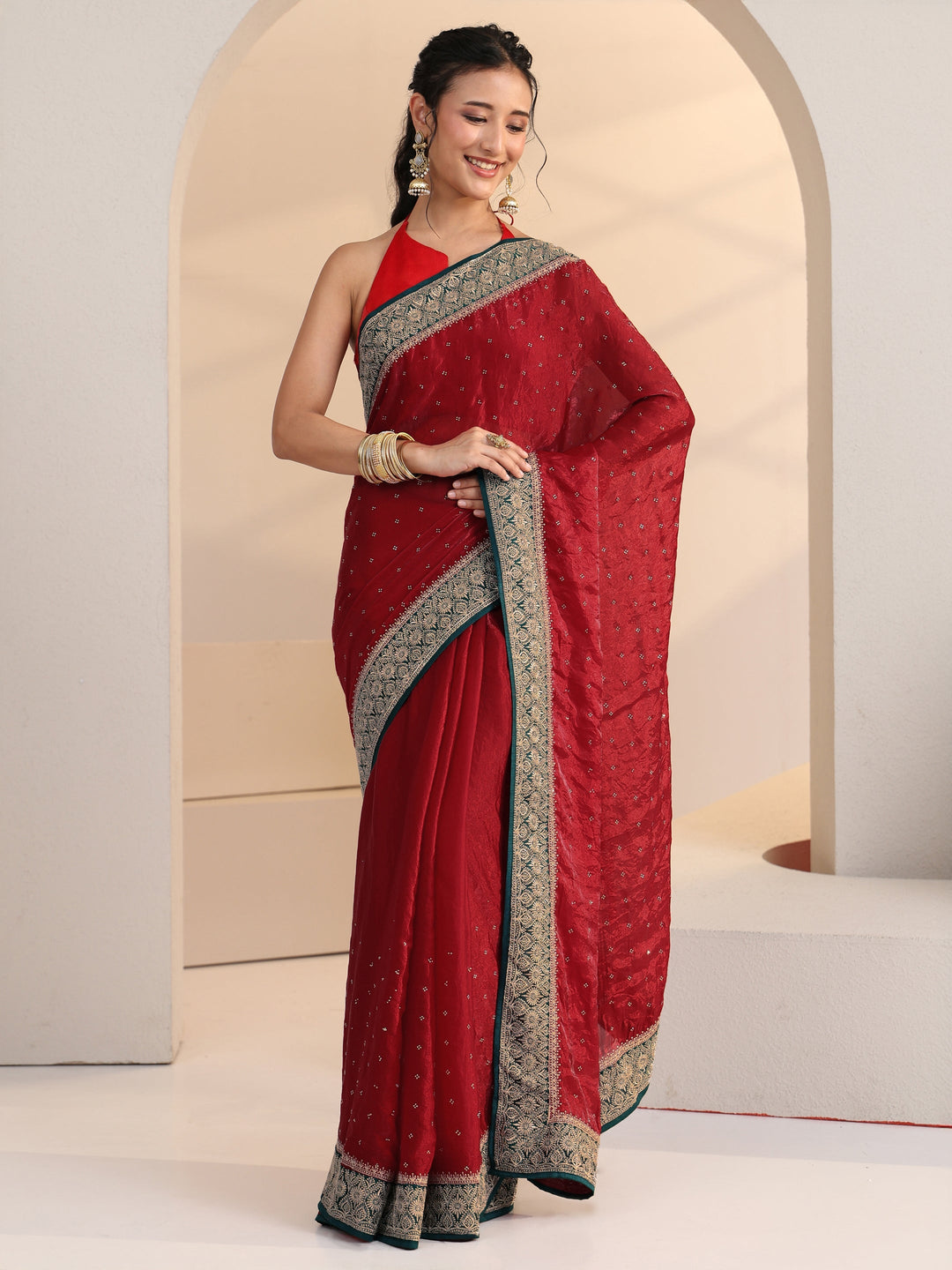  Libas Cardinal Red Stone Work Embellished Tissue Saree 